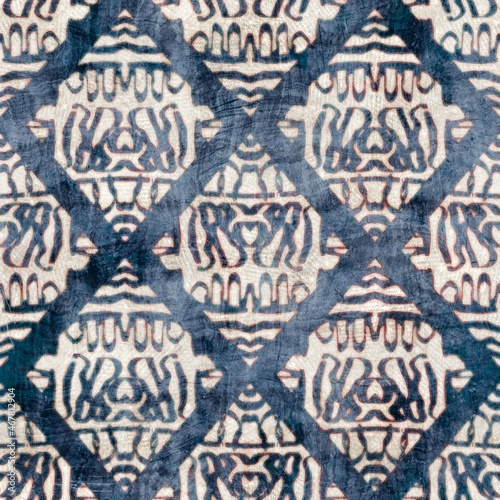 Seamless damask flourish motif Victorian-style surface pattern design for print. High-quality illustration. Luxurious fancy tapestry rug design for interior, wallpaper, or fabric. Navy blue and cream.