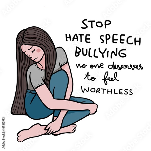 Stop hate speech and bullying people, sadness woman cartoon vector illustration