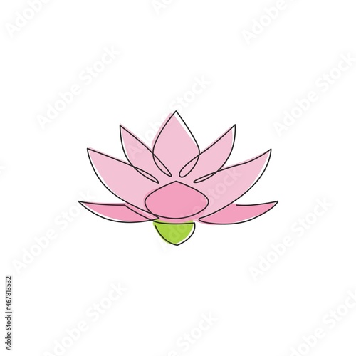 Single continuous line drawing of beauty fresh lotus for healthcare spa business logo. Printable decorative water lily flower concept home wall decor poster. One line draw design vector illustration