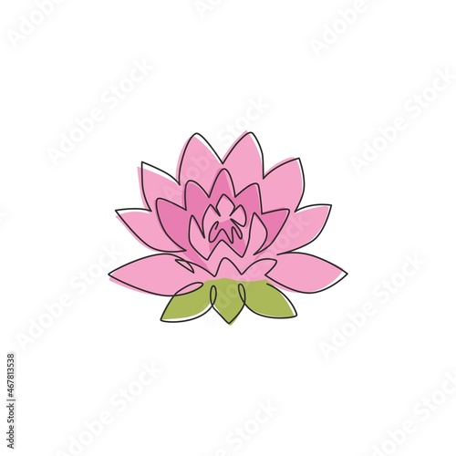 One single line drawing of beauty fresh lotus for spa business logo. Decorative water lily flower concept for home wall decor poster. Modern continuous line draw graphic design vector illustration