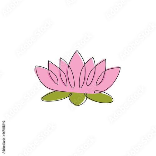 Single continuous line drawing of beauty fresh lotus for salon relaxation therapy business logo. Decorative water lily flower concept for home wall decor. One line draw design vector illustration