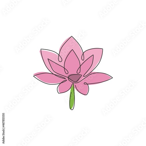 One continuous line drawing of beauty fresh lotus for spa business logo. Printable decorative water lily flower concept for home wall decor poster. Single line graphic draw design vector illustration