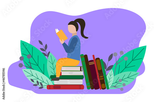 Little men on books in flat style. Cartoon people illustration. Character design. Happy people. Vector illustration. Stock image. 