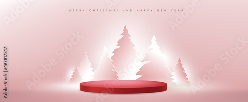 Merry Christmas and happy new year banner with red product display cylindrical shape and christmas tree paper cut and art shadow Light