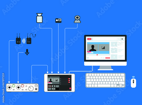  Multi Camera system for Live Streaming . Mini Switcher hdmi camera. Profesional Broadcast Diagram Vector. Conceptual multi camera Production.