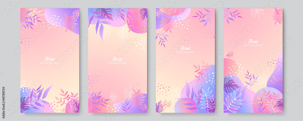 Trendy abstract post story art templates with colorful gradient floral and geometric elements. Suitable for social media posts, mobile apps, banners design and web/internet ads. Fashion backgrounds.