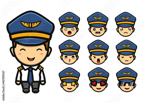 set of cute pilot cartoon in many expression