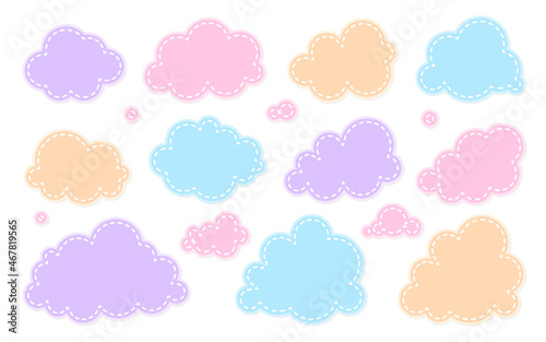 Cloud color badge kid flat set. Cartoon patch weather symbol for game app widget website interface. Meteorology wallpaper splash element sky .Nodding shape postcard book advertising isolated on white