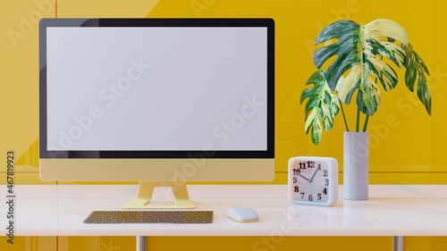 Yellow computer monitor on white desk with clock and trees in the yellow office. Monitor Mock-up Yellow color. technology  idea concept. 3D Render.