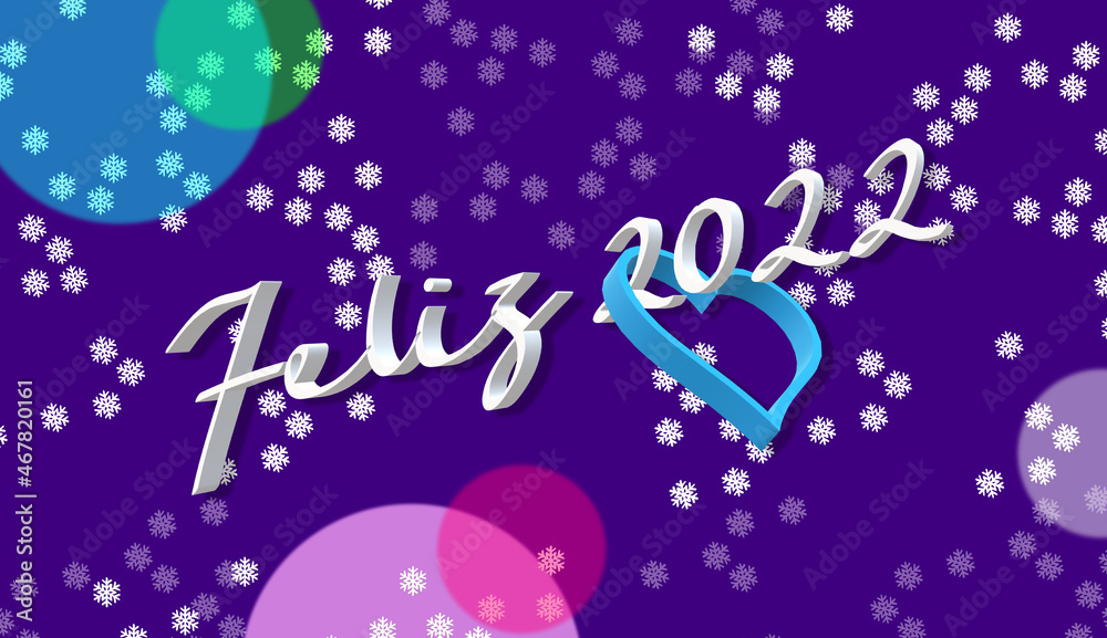 SNOWFLAKES. Happy New Year in Spanish. A DATE, a year. 2022, 21st century. 3D illustration, lilac background. Nativity ornament. Heart inserted in the text. Cross design elements. Retro toned style.