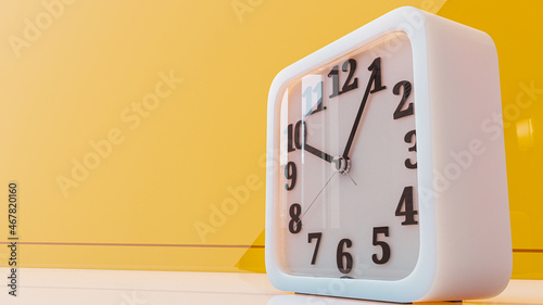 White square clock on desk in yellow office. Yellow baceground and copy space for your text. Minimal idea concept, 3D Render.