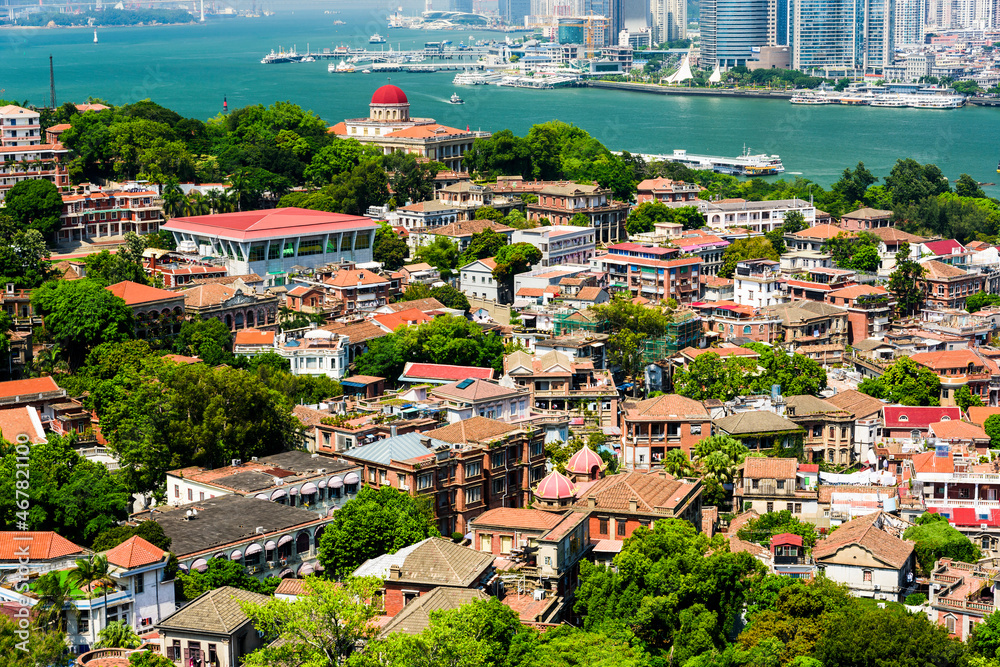 Aerial view of ancient buildings on Gulangyu Island in Xiamen, China. The place is one of the UNESCO World Heritage.