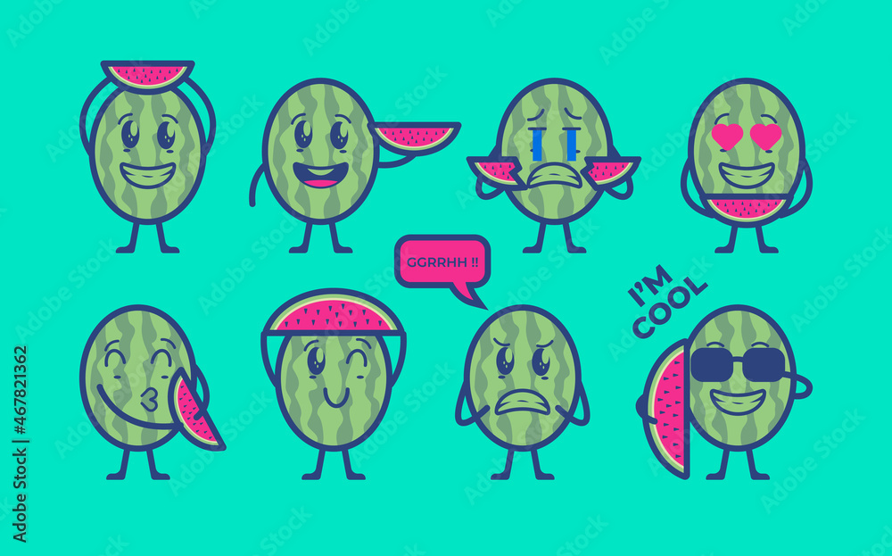 Cute Watermelon Cartoon with Various Expression Cute Watermelon Cartoon with Various Expression