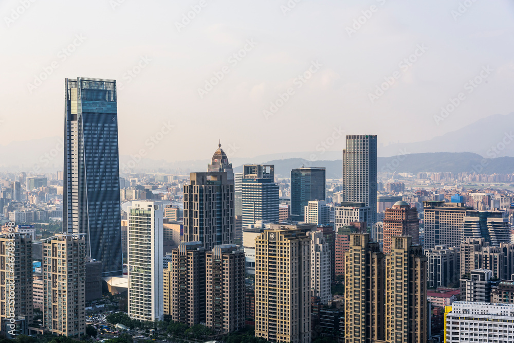 Panoramic cityscape of Taipei Xinyi Financial District from the top of the Xiangshan mountain in Taipei Taiwan.