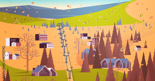 cableway in mountains residential houses area ski resort in autumn season landscape background