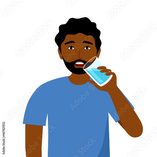 African man drinking water in flat design on white background. Drink more water for good health.