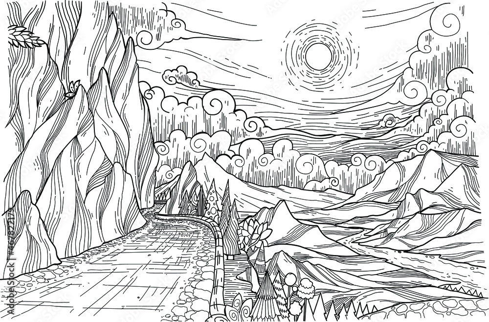 Black and white hand drawn sketch of landscape. Mountain view. Sketch of cliff, tree, river, cloud, and sun.