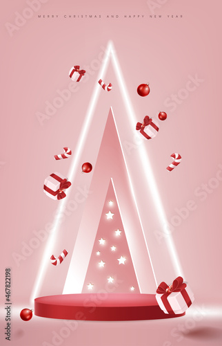 Merry Christmas and happy new year banner with red product display cylindrical shape and christmas tree paper cut and art shadow Light festive decoration