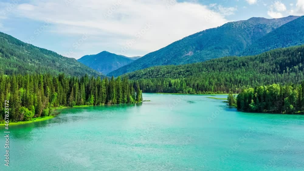 Aerial view of kanas Lake in Summer,Xinjiang,China.Green forest and mountain with river.A famous tourist destination in China. Aerial view of kanas Lake in Summer,Xinjiang,China.Green forest and mountain with river.A famous tourist destination in China.