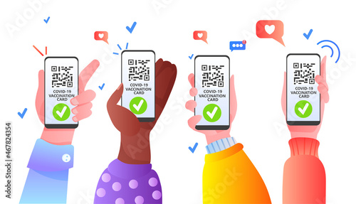 mix race hands holding smartphones with digital immunity passport qr code on screen risk free covid-19 pandemic vaccination