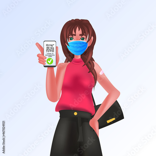 woman in mask holding smartphone with digital immunity passport qr code on screen risk free covid-19 pandemic vaccination