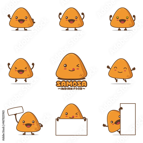 cute samosa cartoon, traditional indian food vector illustration, with happy facial expressions and different poses