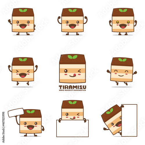funny tiramisu cartoon, sweet cake vector illustration, with happy facial expressions and different poses