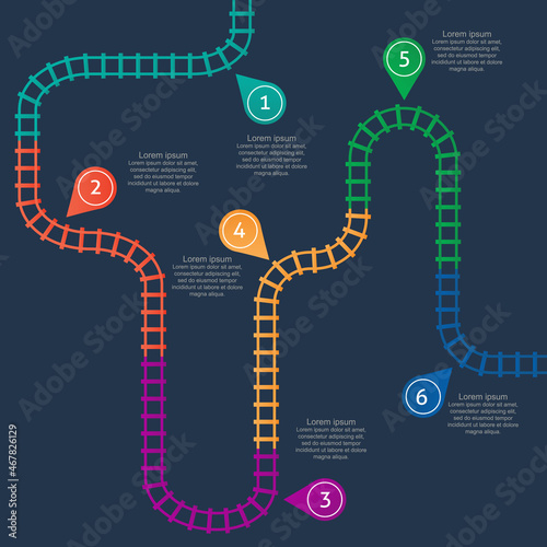 Railroad tracks, stations map. Railway route, tracking subway stations map top view, colorful stairs railways. Infographic elements, simple illustration.
