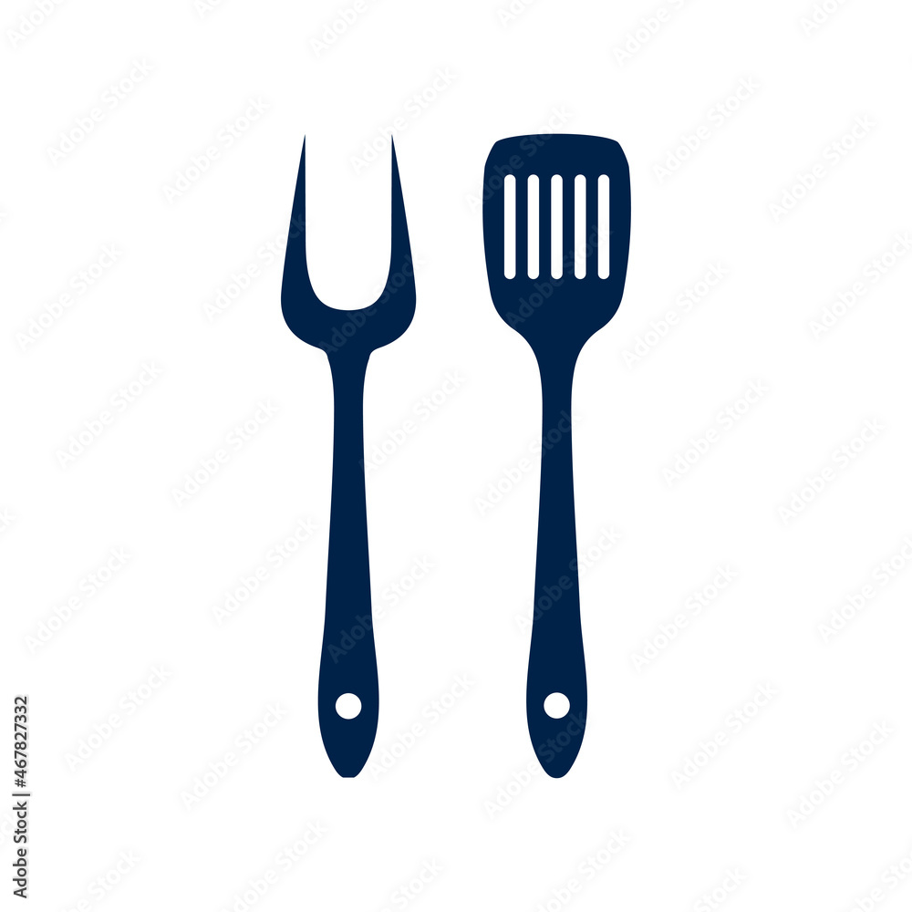 BBQ or grill tools icon in flat design. Barbecue fork sign isolated symbols on white background. Simple silhouette BBQ tools. Logo. Vector illustration.