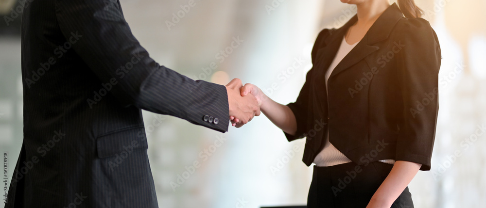 Businesswoman shaking hand with businessman in modern office