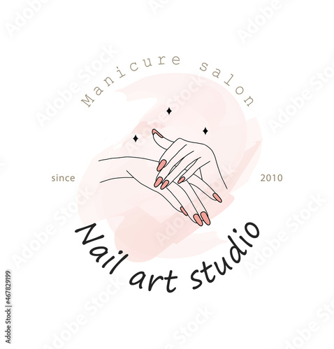 Female manicured hand. Lady painting, polishing nails. Nail polish. Vector Illustration of Elegant female hands in a trendy minimalist style. Beauty logo for nail studio or spa salon.