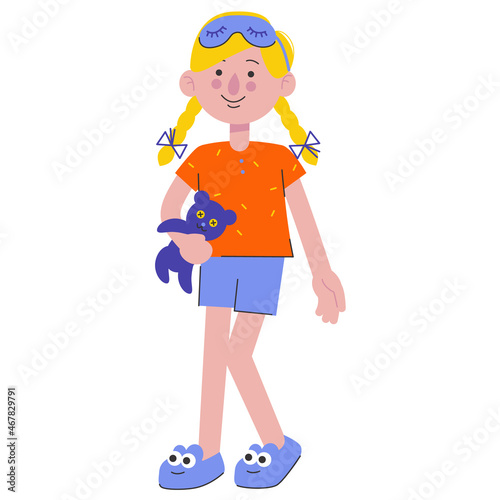 A girl at a pajama party. Pillow fights. Flat characters celebrating holiday. Children having fun at pajama. Vector illustration