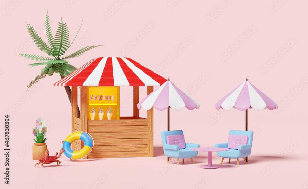 shop store cafe with ice cream showcases or fridge,coffee table, umbrella,palm tree,lifebuoy isolated on pink background,3d illustration or 3d render shop store cafe with ice cream showcases or fridge,coffee table, umbrella,palm tree,lifebuoy isolated on pink background,3d illustration or 3d render