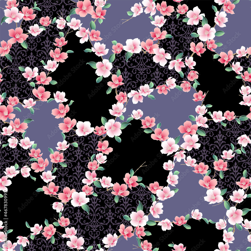 Cute Japanese cherry blossom seamless pattern, Cute Japanese cherry blossom seamless pattern,