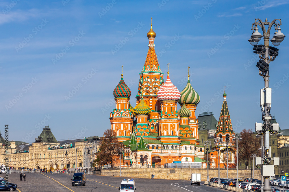 St. Basil's Cathedral  in Red square in sunny blue sky. Red square is Attractions popular's touris in Moscow, Russia,