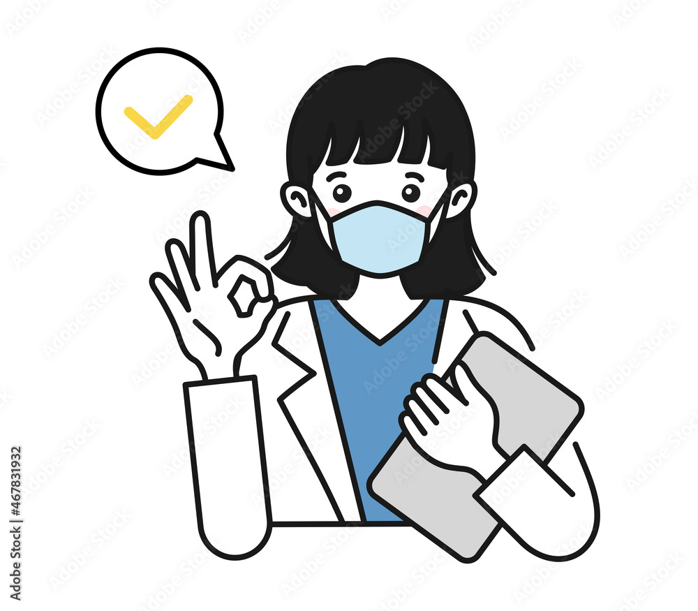 OKサインをする白衣を着てマスクをした女性の看護師/医師のイラスト素材 OKサインをする白衣を着てマスクをした女性の看護師/医師のイラスト素材