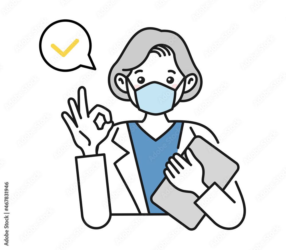 OKサインをする白衣を着てマスクをした年配女性の看護師/医師のイラスト素材　