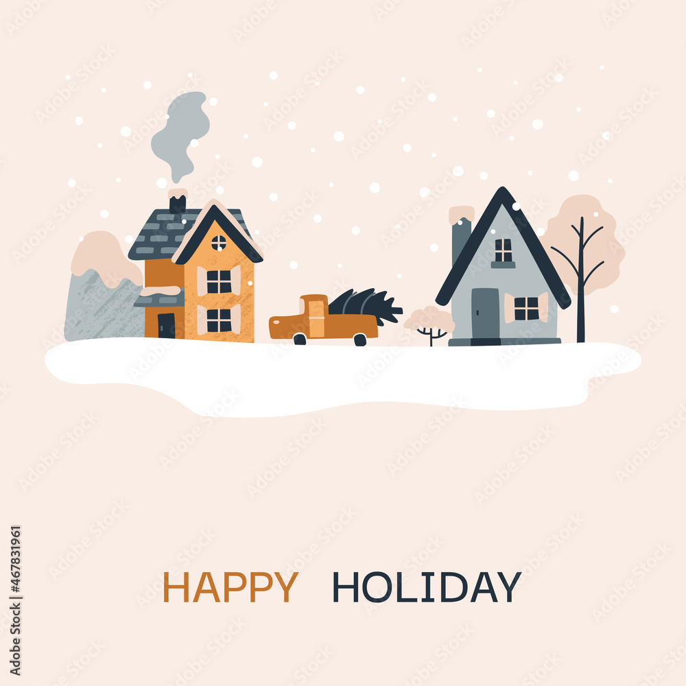 Winter card. Vector illustration with cozy houses, tree, mountain, shrub, car. Christmas holidays. Northern village. Hand drawn illustration. Scandinavian style. Winter card. Vector illustration with cozy houses, tree, mountain, shrub, car. Christmas holidays. Northern village. Hand drawn illustration. Scandinavian style.