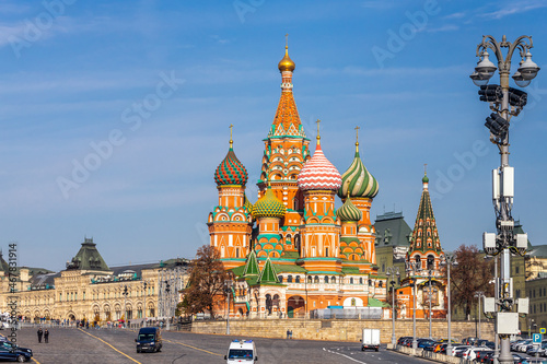 St. Basil's Cathedral  in Red square in sunny blue sky. Red square is Attractions popular's touris in Moscow, Russia,