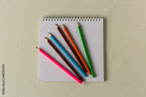 Color pencil on white notebook. Top view. High quality photo