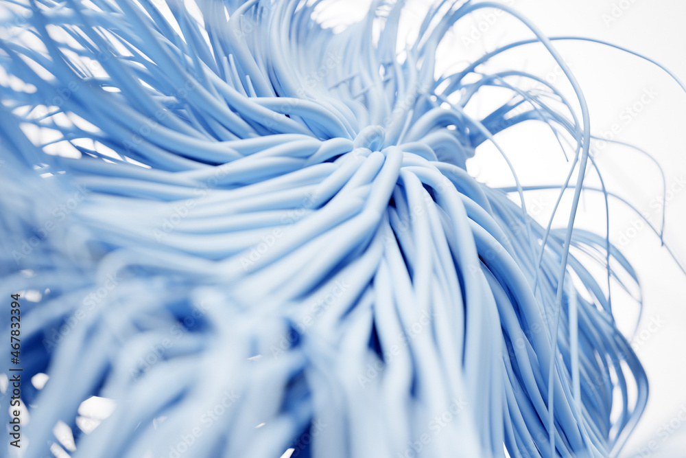 3d illustration, close-up of a blue hairy monster swims on a white background