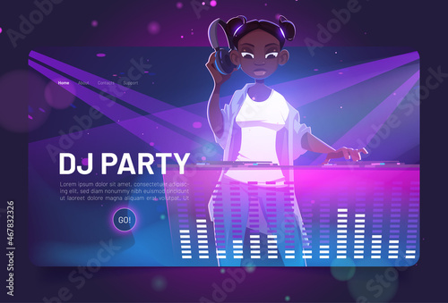 Dj party cartoon landing page, african girl disc jockey with headphones wear modern clothes and hairstyle playing music at console during dance festival or musical club battle, Vector web banner