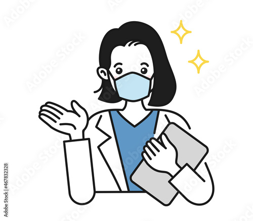 案内や説明をする白衣を着てマスクをした女性の看護師/医師のイラスト素材