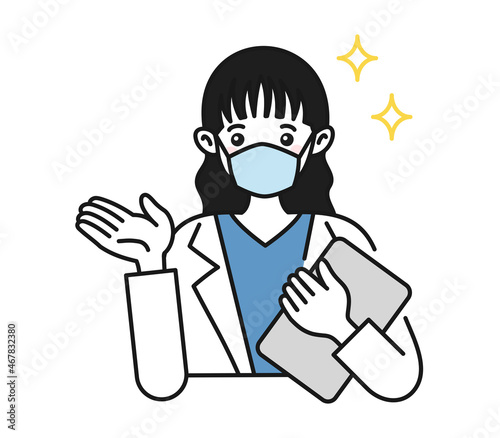 案内や説明をする白衣を着てマスクをした女性の看護師/医師のイラスト素材