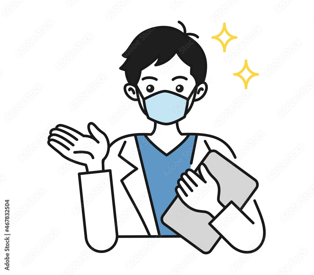 案内や説明をする白衣を着てマスクをした男性の看護師/医師のイラスト素材 案内や説明をする白衣を着てマスクをした男性の看護師/医師のイラスト素材