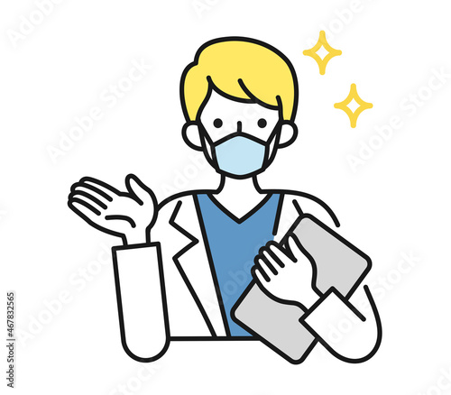 案内や説明をする白衣を着てマスクをした男性の看護師/医師のイラスト素材