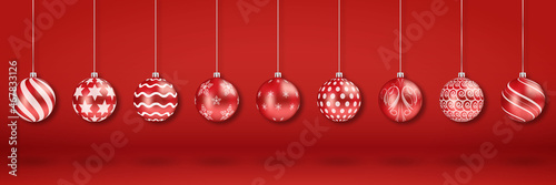 Christmas and new year decoration set of 3d realistic red balls with various ornament
