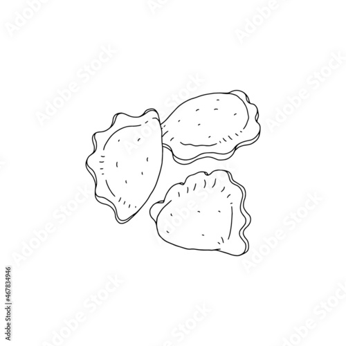 Gnocchi or pierogi dumplings pieces, black line vector illustration isolated.