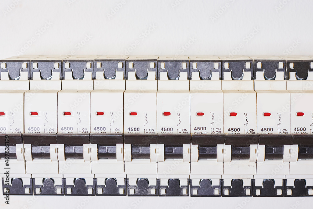 Electrical Circuit Breakers. RCD circuit breaker board with many switches. Circuit for the lighting. Electrical circuit breaker switch panel Electrical Circuit Breakers. RCD circuit breaker board with many switches. Circuit for the lighting. Electrical circuit breaker switch panel