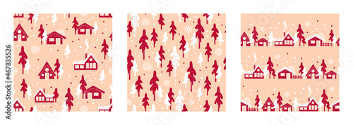 A collection of seamless patterns of Christmas houses. Winter mood, cozy houses with trees. A set of endless winter patterns.